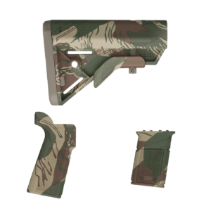 Rhodesian Camo Kit containing a Bravo Stock, P23 Grip, and Vertical Foregrip